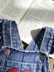 SHEIN Vintaside Kids 1件女婴蓝色牛仔休闲可爱刺绣花卉吊带连体裤，适合外出和派对穿着 - 藍色 - 查看 6