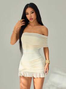 SHEIN PETITE Bodycon Asymmetrical Mesh Off Shoulder Mini Dress - Apricot - View 3