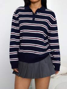 SHEIN PETITE Women's Casual Everyday Striped Polo Collared Long Sleeve Sweater,Back To School ,Fall / Winter Clothes For Women,Blockette Style - Multicolor - View 6