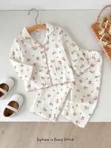 Cozy Pixies 2pcs Baby Girl Floral Print Lapel Collar Long Sleeve Cardigan And Elastic Waist Pants Set - Pink - View 8