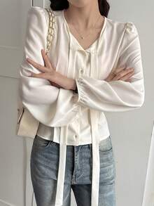 DAZY Puff Sleeve Tie Waist Cropped Women's Blouse - Beige - View 5