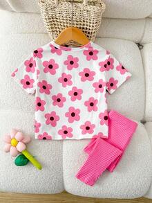 Cozy Pixies 两件套女婴碎花针织柔软圆领短袖上衣和纯色弹力腰裤套装 - 粉色 - 查看 3