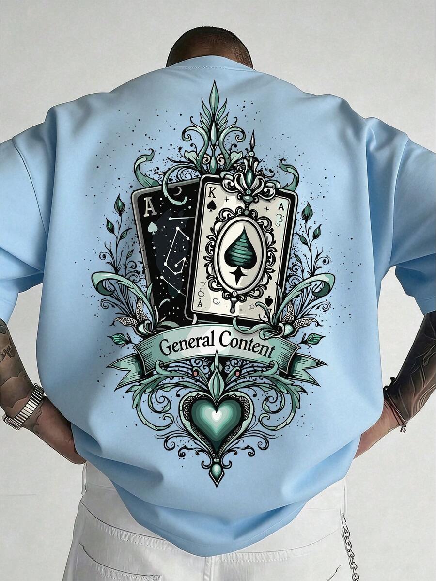 Manfinity LEGND Men's Poker Print Round Neck Short Sleeve Casual Loose T-Shirt - Baby Blue - View 1