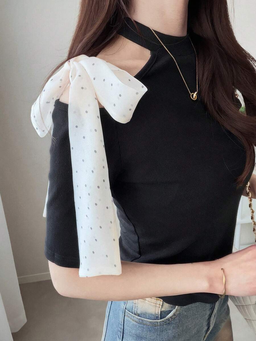 FRIFUL Women's Round Neck Cutout Shoulder Contrast Polka Dot Bow Tie Fabric Fitted Short Sleeve Sweet T-Shirt - Black - View 1