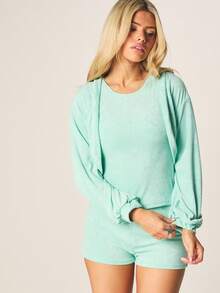 MISSGUIDED Oversized Lounge Co-Ord Set Long Sleeve Sweatshirt With Drawstring Shorts Comfort Relaxed Fit Two Piece Outfit - Mint Blue - View 1