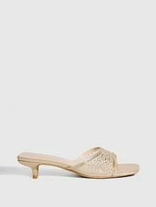 CUCCOO SZL Fashionable Square Toe Kitten Heel Beige Mesh Rhinestone Slip-On Open Toe Dress Sandals, Elegant Sexy Party Occasion Mid-Heel Mule Slides For Women - Beige - View 4