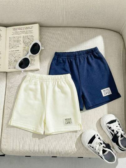 SHEIN 2pcs Kids Shorts, Made Of Lightweight And Soft Fabric, Comfortable And Skin-Friendly, Elastic Waistband Design For Unrestricted Wear. Simple And Fashionable Style, Beige And Navy Blue 2-Piece Set, Suitable For Daily Wear, Outdoor Play And Various Activities For 6 Months To 3 Years Old Boys. Breathable And Flexible Children Shorts, Essential For Outings, Kids Shorts, Boys Shorts, Solid Color Shorts, Children Clothing