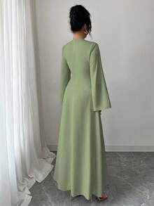 Yasmyna 女士梭织纯色拼接领长袖系腰阿拉伯连衣裙 - 橄欖綠 - 查看 2