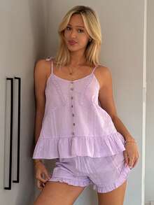 DAZY 撞色蕾丝荷叶边睡衣套装 - 粉色 - 查看 3