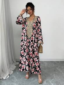 Al Najma 女士优雅拼接水溶蕾丝长袖连衣裙，秋季款 - 黑色 - 查看 7