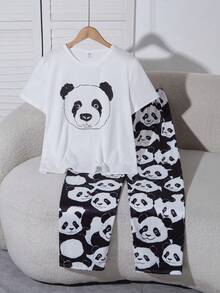 2pcs/Set Teenage Boys' Casual Cartoon Print Loose Fit Long Pants And Short Sleeve Loungewear Set - White - View 7