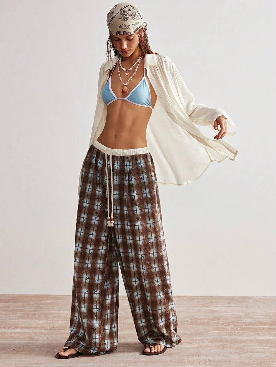 Bohemela 女士夏季Y2K休闲度假浪漫优雅法式海滩波西米亚乡村音乐节弹力腰带阔腿提花格纹仿两件式长裤，自由休闲的穿搭风格，时尚女士服装，海滩装，夏季度假装 - 藍色 - 查看 1