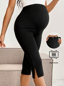 SHEIN 孕妇纯色可调节腰部开衩下摆休闲七分打底裤 - 黑色 - 查看 1