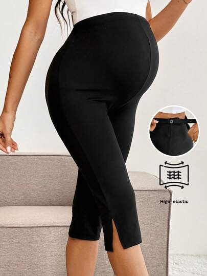 SHEIN 임산부 단색 조절 가능한 허리 슬릿 밑단 캐주얼 크롭 레깅스