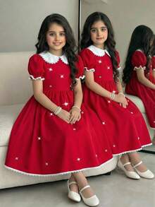 1pc Girls' Solid Red Lace Trim Collar Puff Sleeve Princess Dress With Extra-Large Skirt Hem, A-Line Silhouette, Sweet & Cute Fashion Dress Suitable For Parties And Gatherings - Red - View 1