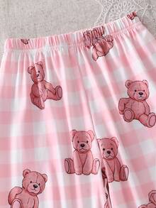 2件套女童休闲可爱小熊印花短袖开衫+长裤睡衣套装，返校季儿童睡衣套装，泰迪熊睡衣套装 - 粉色 - 查看 5