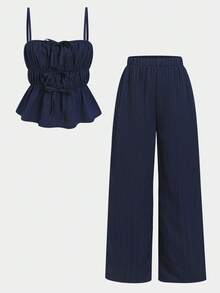 SHEIN Tween Girl Solid Color Pleated Camisole Top And Wide Leg Pants Casual Outfit,Kids - Navy Blue - View 4