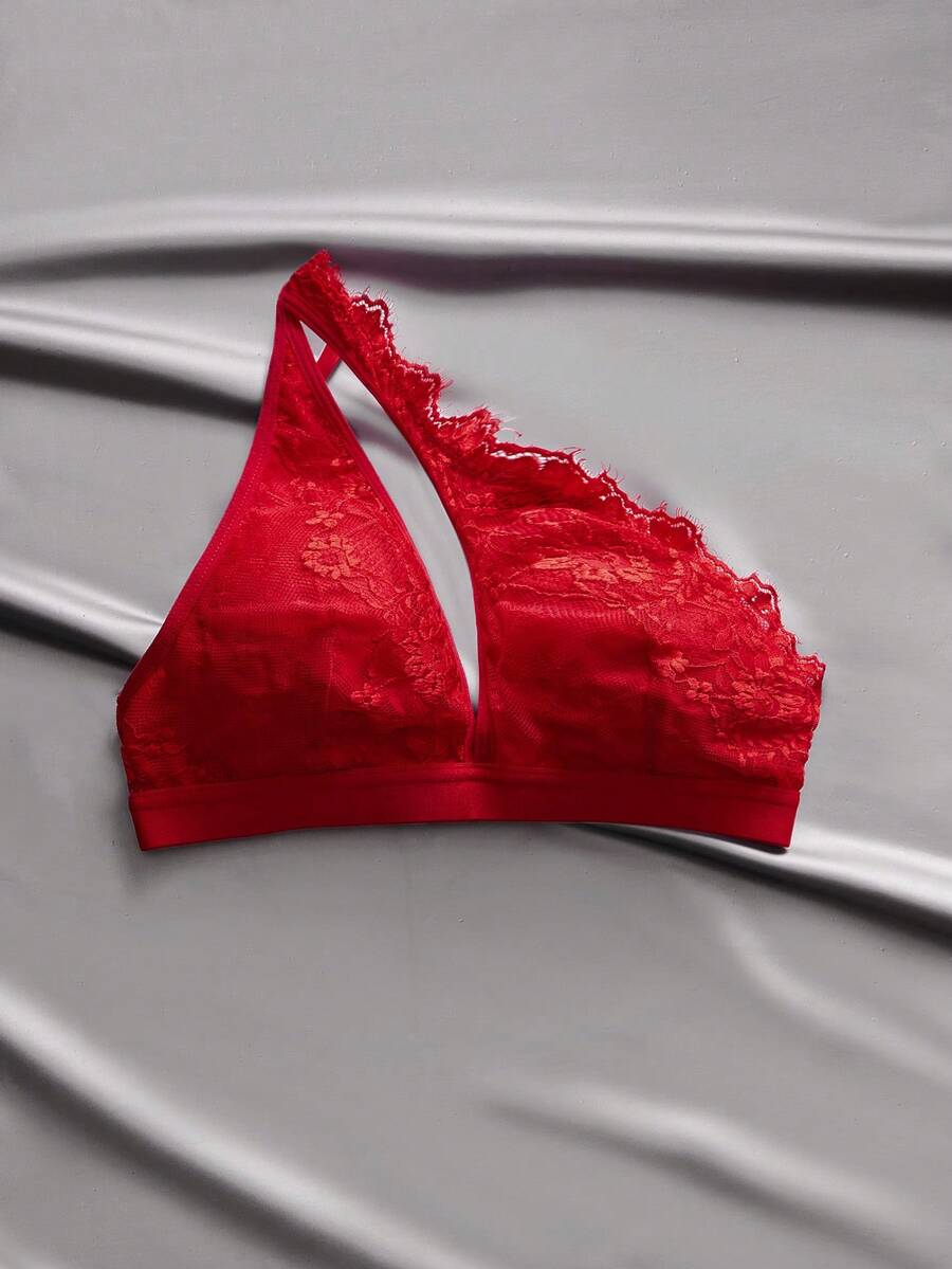 EmpressEnvy 女士纯色蕾丝时尚不对称肩部文胸 - 紅色 - 查看 1