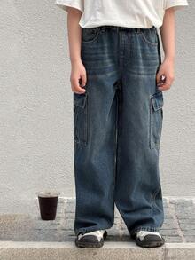 DAZY Quần jeans ống rộng thoải mái có túi hộp dành cho bé trai tuổi teen - Rửa tối - Xem 7