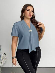 Firerie Plus Size Elegant Beaded Decor Blouse For Summer - Dusty Blue - View 10