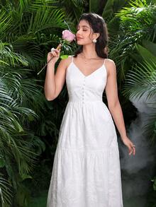 Modelyn Women's Floral Embroidery Ruched Waist Elegant Camisole Mini Dress, Suitable For Dates And Parties - White - View 1