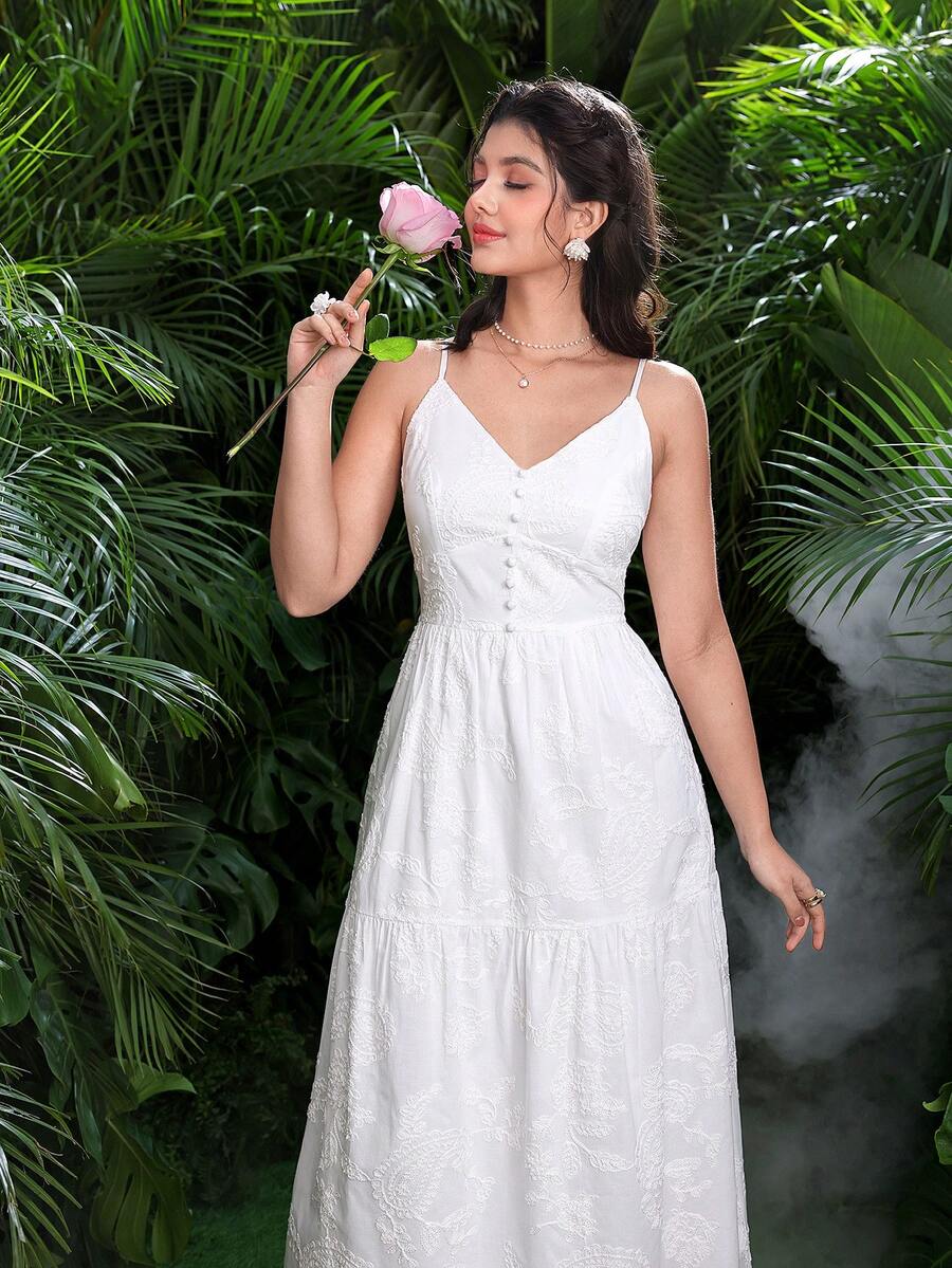 Modelyn Women's Floral Embroidery Ruched Waist Elegant Camisole Mini Dress, Suitable For Dates And Parties - White - View 1