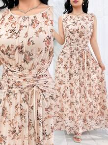 Feyla Women's Floral Print Ruched Waist Elegant Dress, Suitable For Dates And Parties - Apricot - View 9