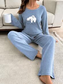 EURMUSE 2pcs Cute Lazy Koala Embroidery Detail PJ Set - Baby Blue - View 3