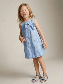 Maija Kids Young Girl Blue Embroidered Bow Decor Round Neck Sleeveless Casual Dress,Kids - Blue - View 6