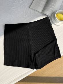 Comfortcana Plus Size Solid Color Knitted Cycling Shorts Black Micro Short Knit Shorts Stretchy Shorts Ribbed Shorts Black Micro Shorts - Black - View 6
