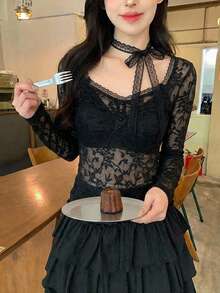 DAZY 女士优雅系带长袖T恤，春秋季 - 黑色 - 查看 5