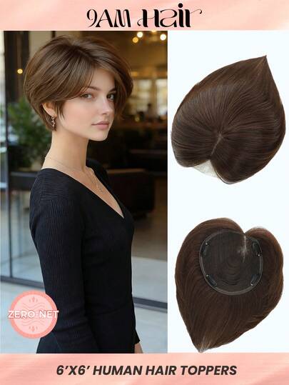 6x6 Inch Large Brown Color Left Side Part Hair Topper Real Human Hair Toppers For Women With Thinning Hair,Real Human Hair Topper For Daily Wear,Glueless Topper