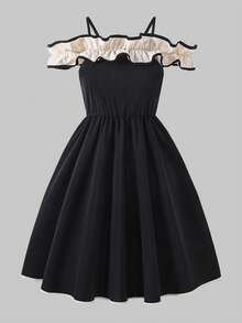 ChillGRL Elegant Ruffled Off-Shoulder Black Slip Dress, Suitable For Outdoor Activities And Casual Daily Wear, Summer Dress - Black - View 4