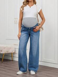 SHEIN 女士纯色简约日常孕妇牛仔裤，春夏嘉年华服装通勤度假毕业时尚Y2K可爱街头风派对婚礼优雅商务休闲女式孕妇阔腿牛仔裤，高腰弹力设计，舒适孕妇牛仔裤 - 藍色 - 查看 3