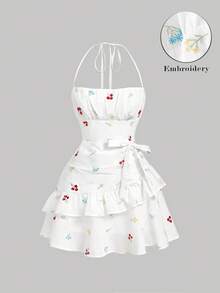 SHEIN MOD 女士夏季度假花卉刺绣褶皱胸部层叠荷叶边下摆系带露背迷你连衣裙 - 白色 - 查看 3