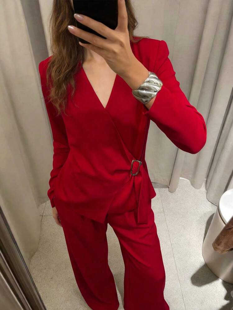 SHEIN Maija Conjunto Casual de Jaqueta e Calça de Cor Sólida com Fivela Lateral de Manga Longa para Mulheres