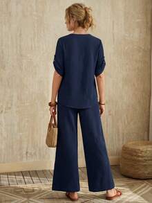 Faunlyn Mùa hè dành cho nữ màu trơn cổ chữ V cuộn tay áo sơ mi và quần ống rộng Bộ hai mảnh thông thường - Màu xanh hải quân - Xem 2