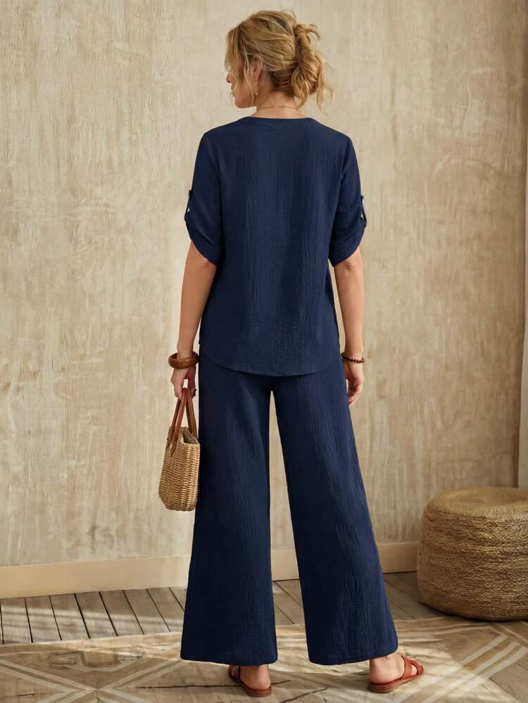 女性用夏のソリッドカラー ノットデザインのVネックロールスリーブシャツとルーズパンツのカジュアルな2点セット