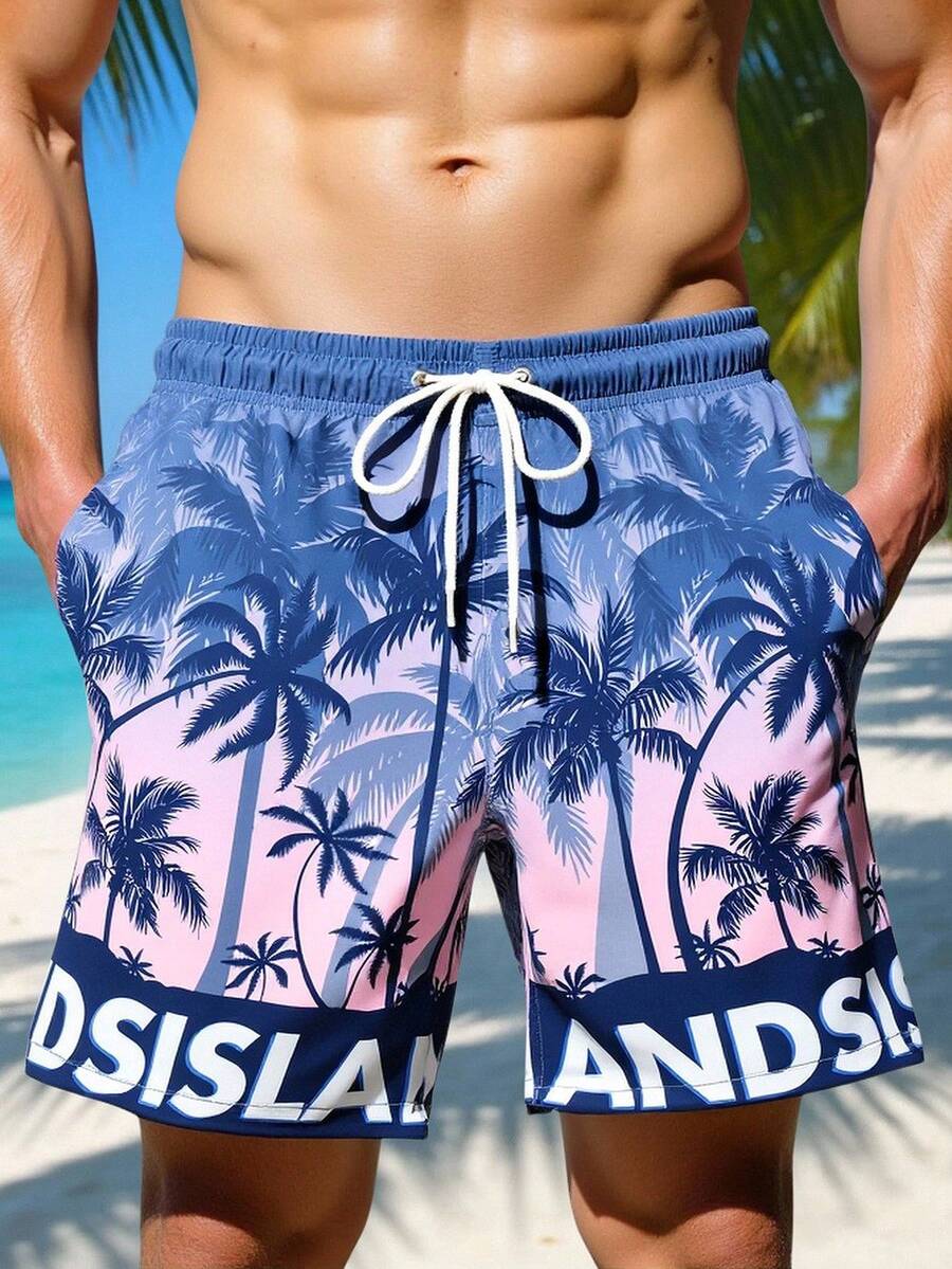 Manfinity RSRT 男士夏季假日字母和椰子树印花抽绳腰带沙滩短裤 - 藍色 - 查看 1