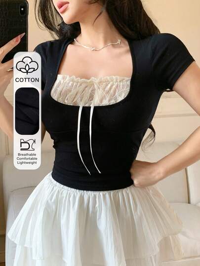 DAZY Camiseta de manga corta elegante de dos piezas falsa con bloqueo de color negro y blanco para mujer, decoración de lazo, adecuada para el Día de San Valentín, la boda, la fiesta