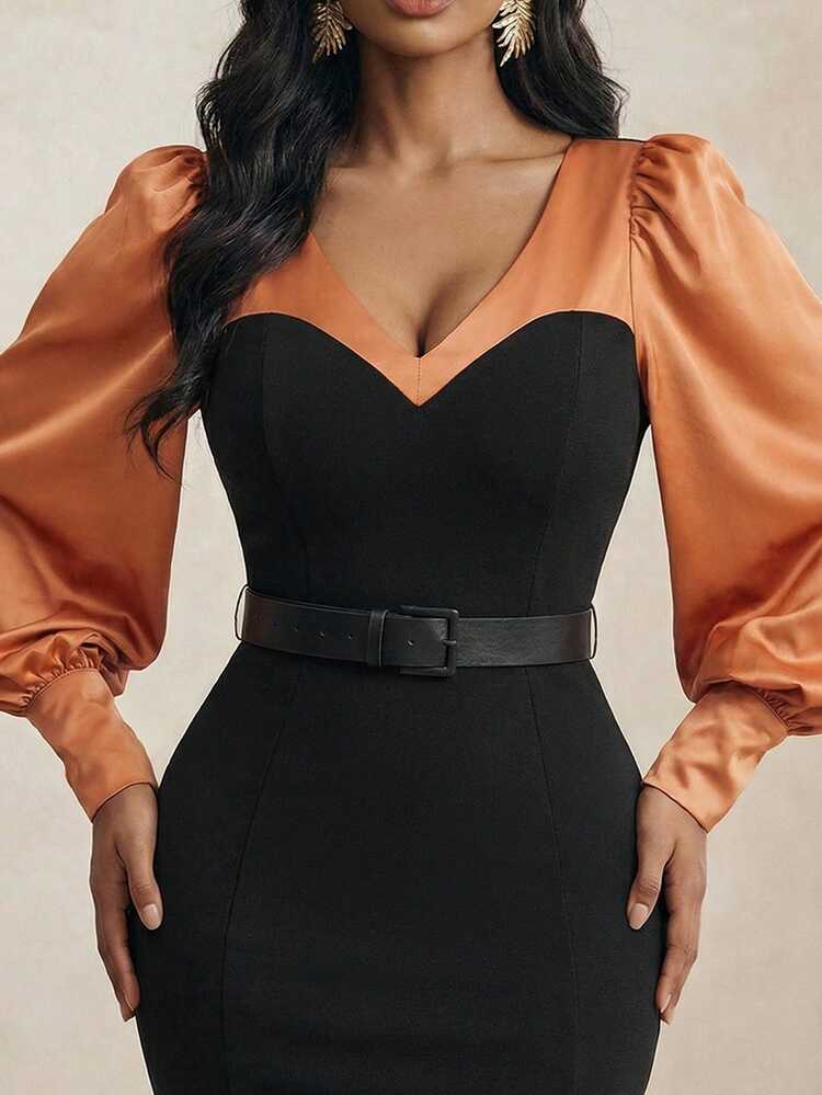 Women's Spring New Lantern Sleeve Patchwork Contrast Color Slim Fit Mid-Length Dress
