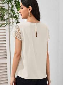 SHEIN Clasi Guipure Lace Sleeve Keyhole Neck Blouse - Apricot - View 2