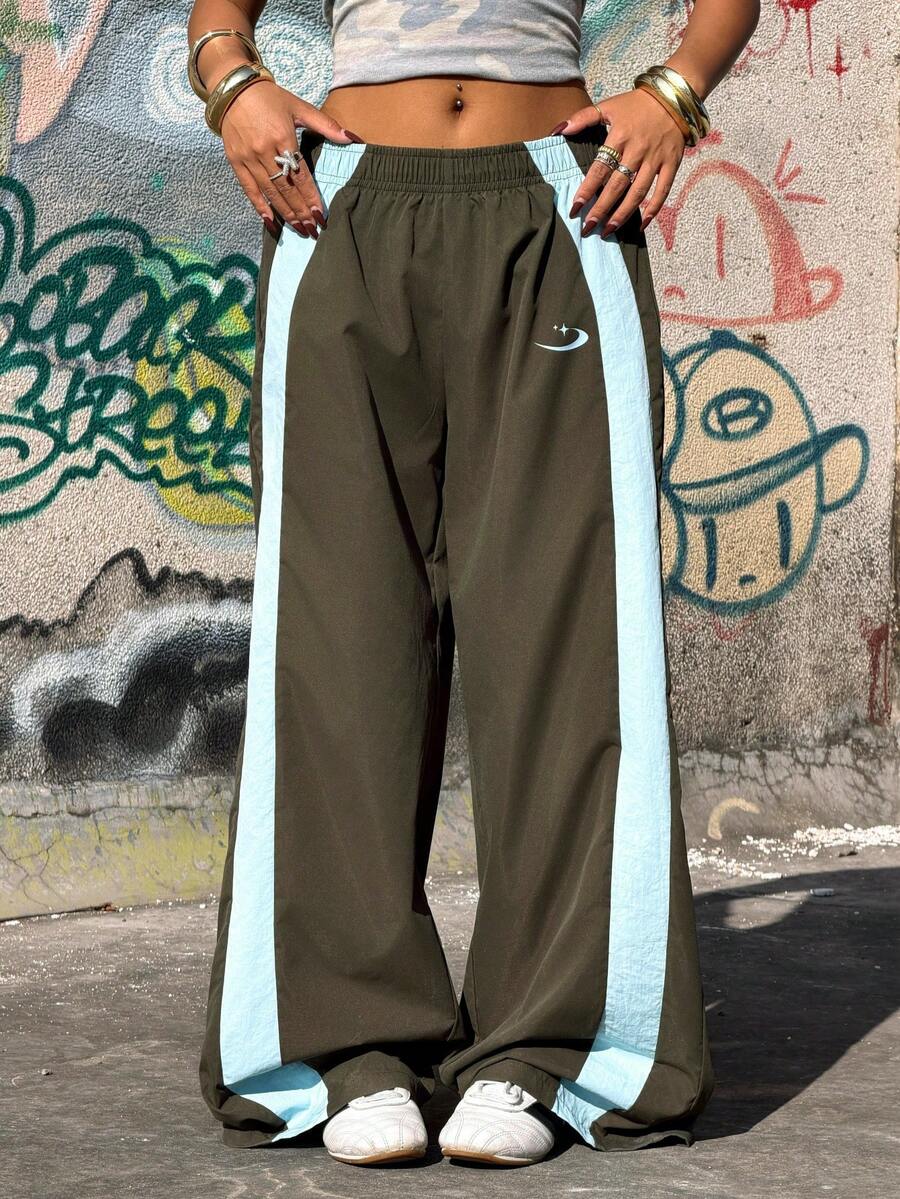 SHEIN EZwear Pantalones de pierna ancha con estampado de color contrastante tejido en verde oscuro, para salir, verano para mujeres - Multicolor - Ver 1