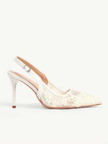 CUCCOO CHICEST 四季新款花朵网纱尖头高跟鞋性感优雅网纱女式高跟鞋露跟性感优雅时尚下午茶派对Hunliji百搭服饰 - 米色 - 查看 3