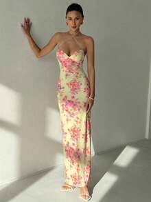 Aloruh Women's Sexy Elegant Floral Print Backless Tie Strap Fitted Dress, Vacation Style - Multicolor - View 4