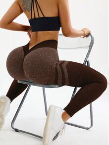 Seamluxe SHEIN Sport H1178 Brown Striped High Waist Seamless Leggings - Coffee Brown - View 7