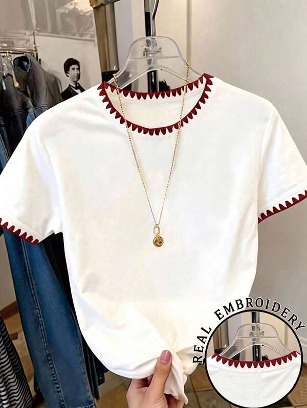 Teen Girl Summer Casual Contrast Trim Round Neck Short Sleeve T-Shirt