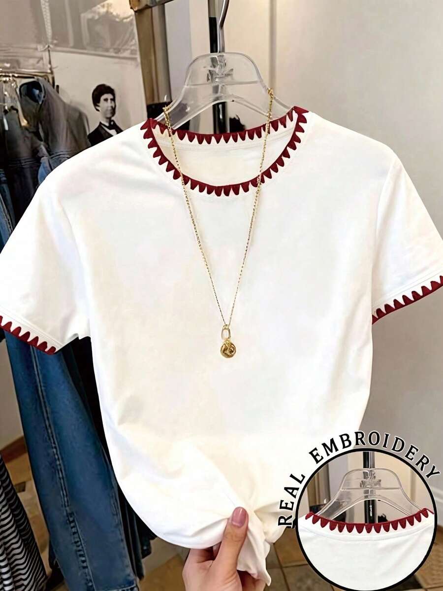 Elladie kids Teen Girl Summer Casual Contrast Trim Round Neck Short Sleeve T-Shirt - Multicolor - View 1