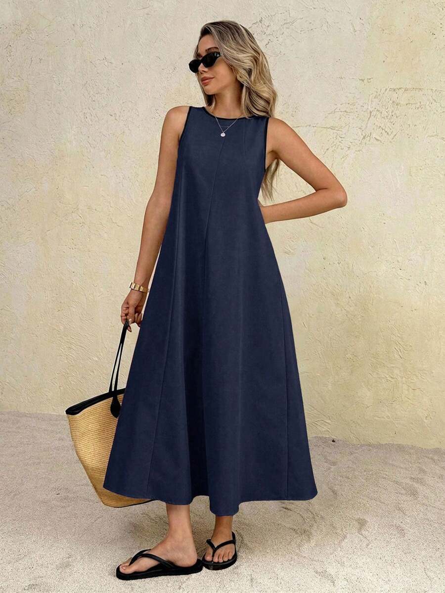 SHEIN Frenchy Đầm dài không tay cổ tròn màu trơn, dáng rộng, thanh lịch dành cho nữ - Màu xanh hải quân - Xem 1