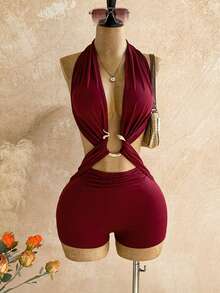 Soleia Bộ jumpsuit nữ màu trơn, kiểu cổ yếm buộc dây, hở lưng, xếp ly, trang trí kim loại, gợi cảm cho buổi hẹn hò và tiệc tùng. - Đỏ - Xem 1